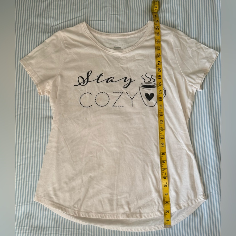 Sonoma size L off white “Stay Cozy” coffee t shirt, slightly worn